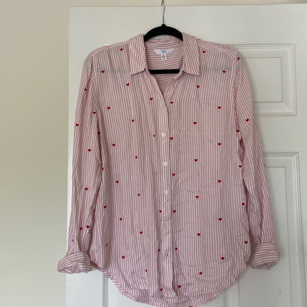 Time and Tru pink & white button up with red heats